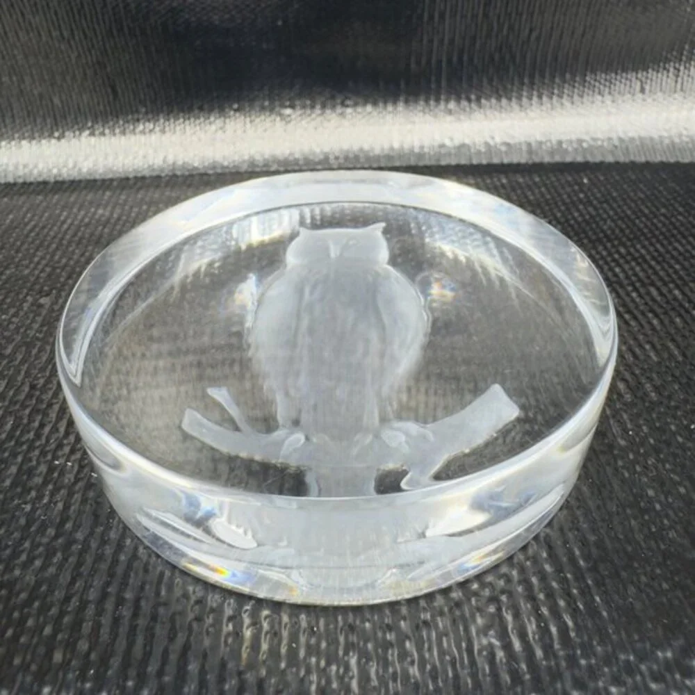Val Saint Lambert Intaglio‎ Perched Owl Glass Paperweight Signed Clear Crystal